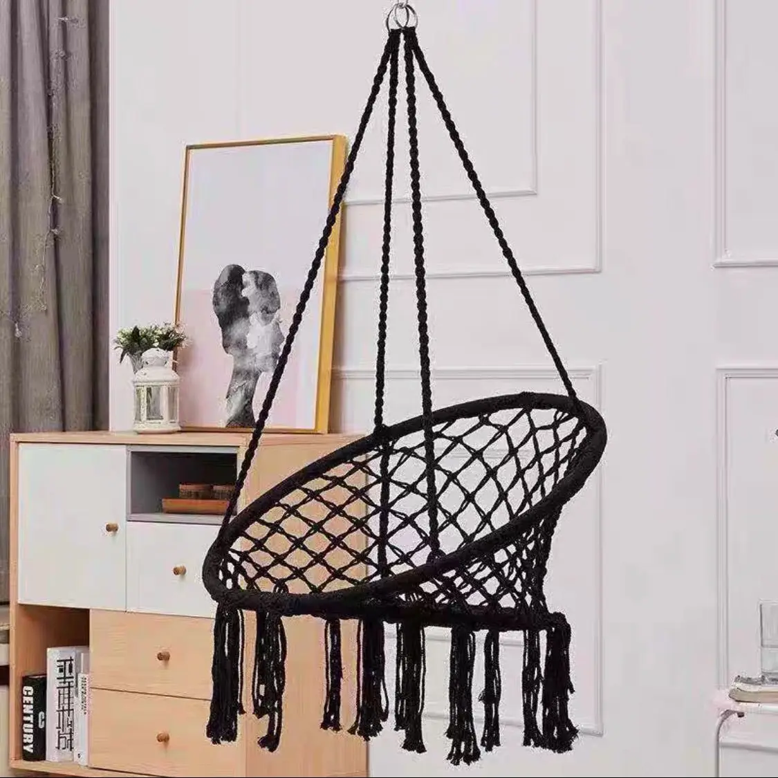 Hammock Hanging Swing Chair Cotton Rope Basket Chair for Indoor Balcony Outdoor Use