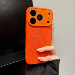 Luxury Leather Leopard Print Phone Case - Matte Shockproof Full Bumper with Large Window Design - iPhone 15 (Orange)