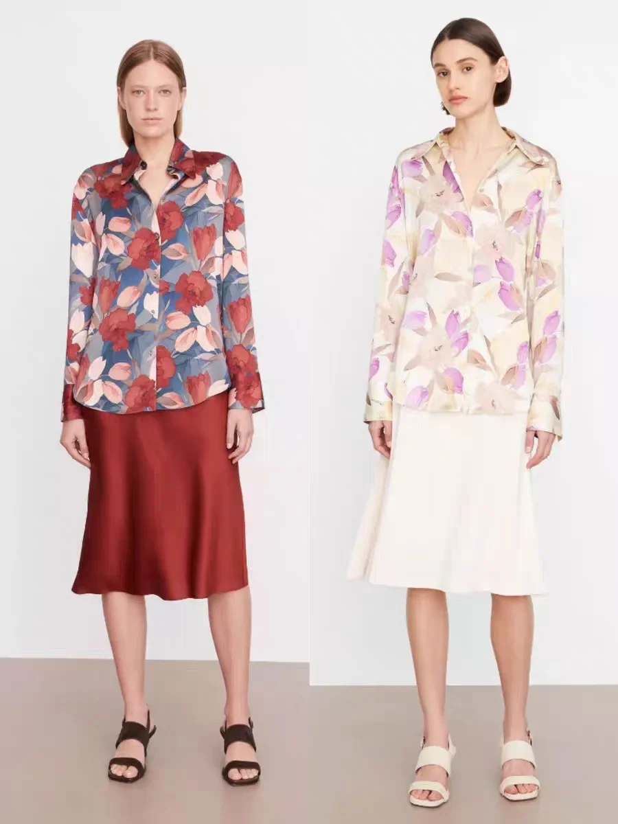 

Tulip Print Sand Washed Crepe Satin Glossy Large Collar Heavy Silk Long-sleeved Shirt for Women