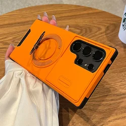 Magnetic Stand Case with Slide Camera Protection Ring and Wireless Charging Support - S23 FE 5G (Orange)