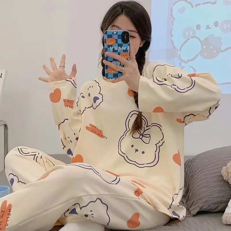 Spring and Autumn New Women's Pajamas Homewear Set of Girls Students Fall and Winter Homewear Big Size Cartoon Loose Pajamas Set 6