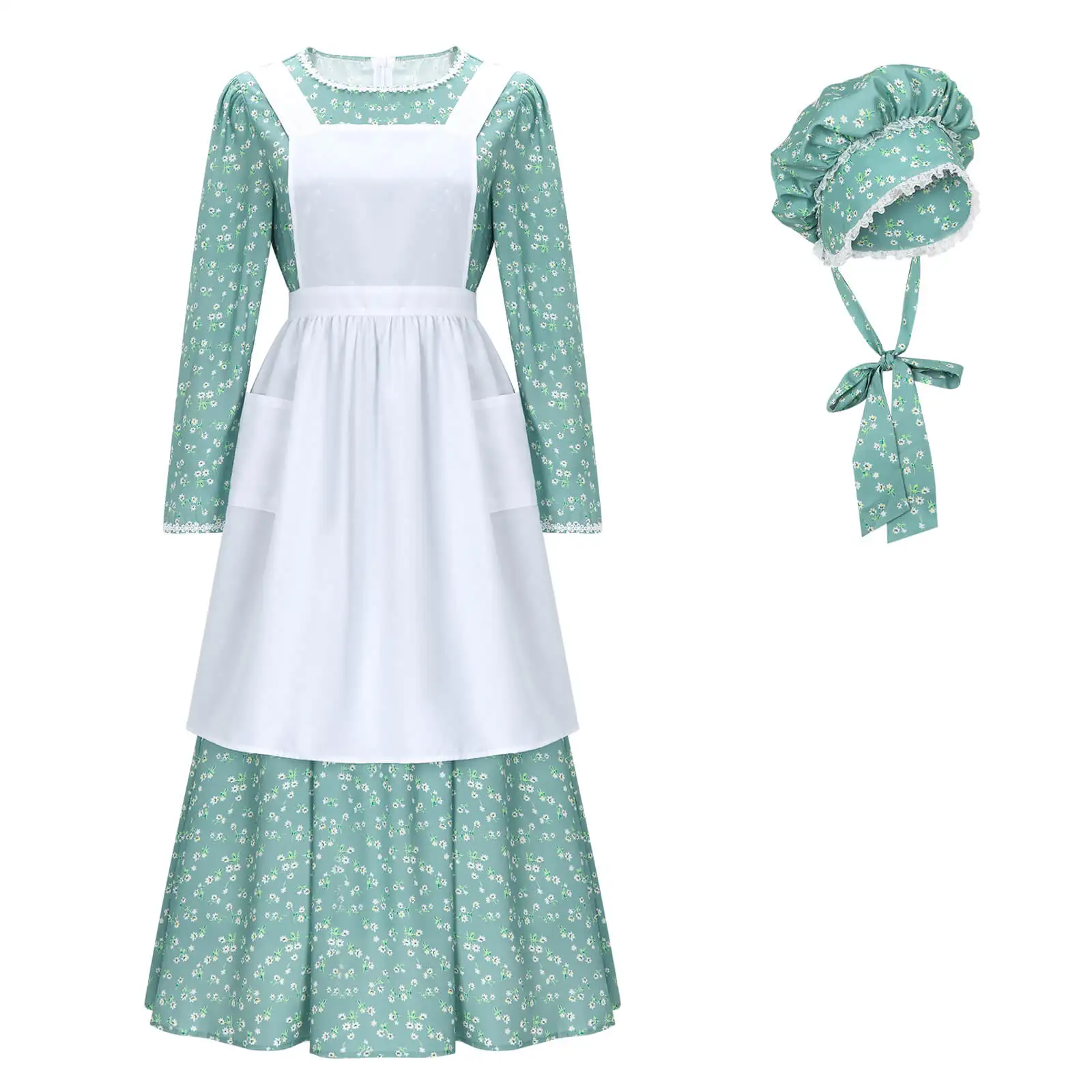 Girls Pioneer Costume Dress With Bonnet & Apron - Colonial Long Sleeve Party Dress For Halloween & Cosplay - View #8