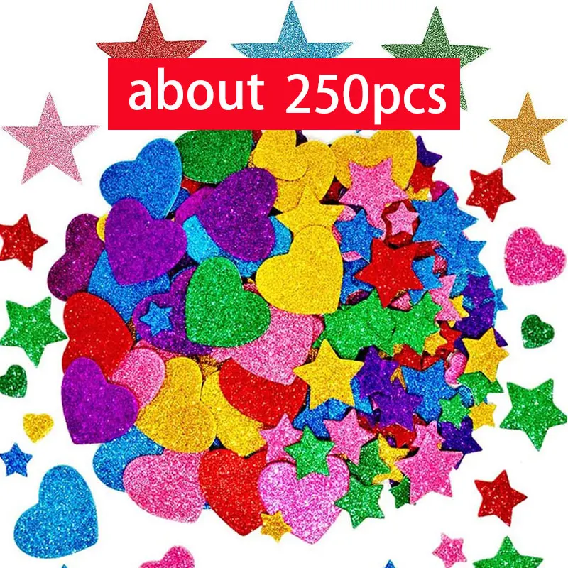 Colorful Glitter Foam Stickers - Self Adhesive Stars and Hearts for Kids' Arts and Crafts, Greeting Cards, and Home Decoration