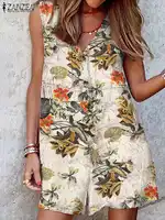 ZANZEA Women Bohemian Floral Printed Jumpsuits Female Casual Holiday Playsuits Loose Rompers Summer V Neck Sleeveless Rompers - Image 3