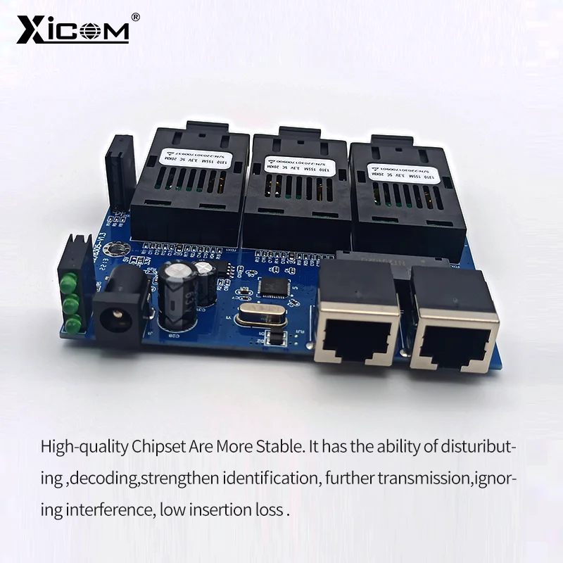 1 Pcs 20KM 10/100M PCBA Board Ethernet Fiber Optic Converter Single Mode Fiber Switch Duplex 3*SC Fiber Port 2*100M RJ45 Port
