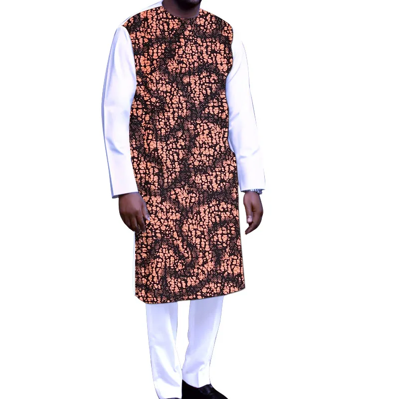 

Patchwork Shirt With Solid Pant African White Men‘s Set Tailor-Made Nigerian Fashion Male Outfits