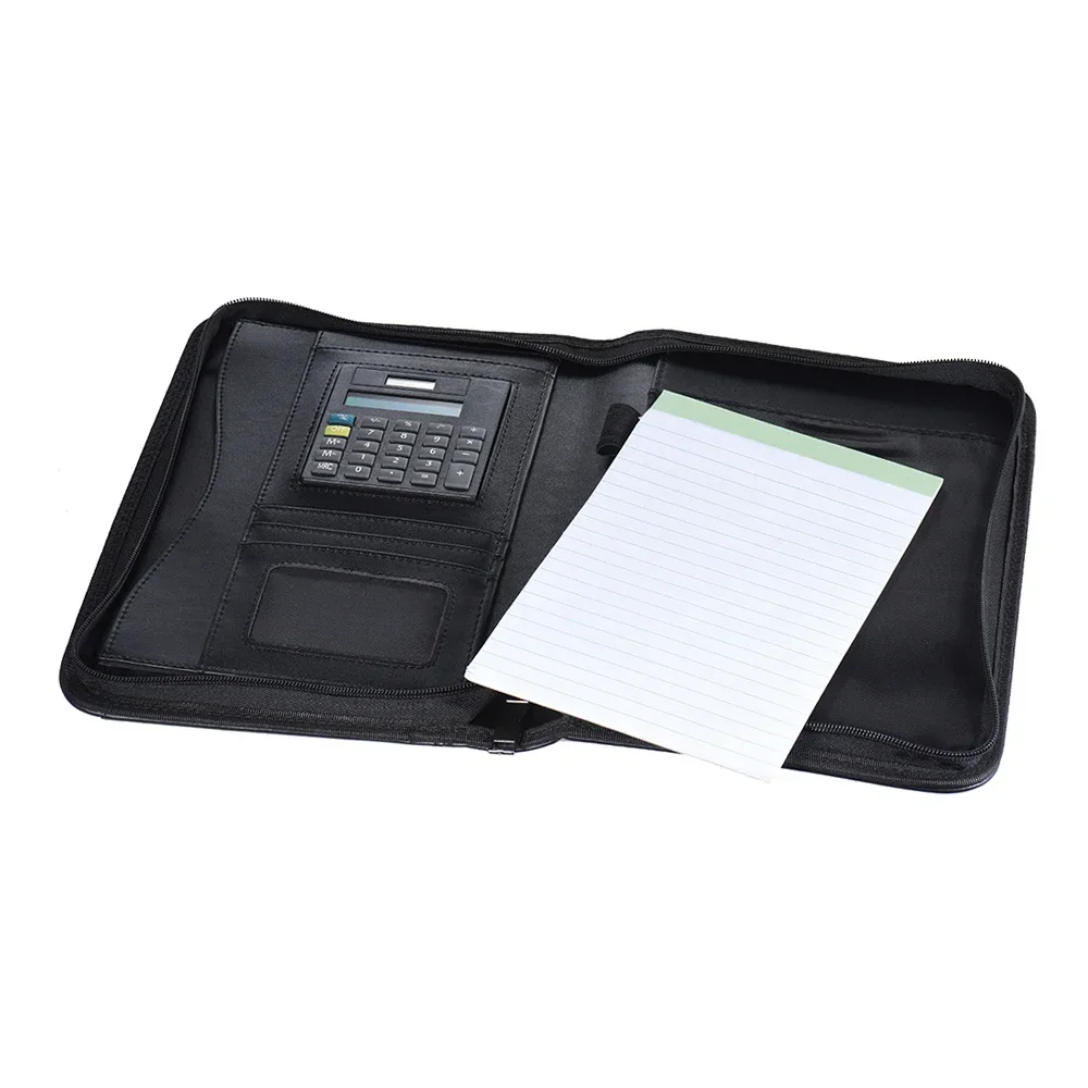 지퍼가 달린 가죽 패드 카드 쓰기 정리함, 폴더 폐쇄 문서 거치대, 비즈니스 Padfolio 계산기, 포트폴리오 케이스 PU