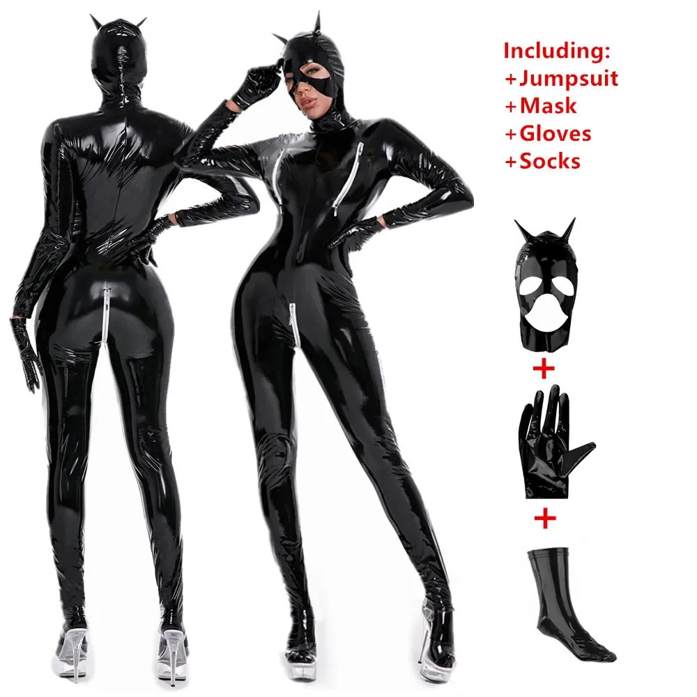 

Hot Women Wet Look Shiny Catsuit Sexy 3 Zipper Open Crotch Lingerie Bodysuits PU Faux Leather Jumpsuit Clubwear