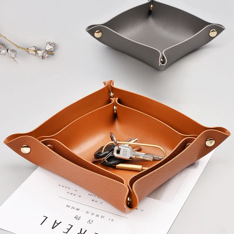 Desktop PU Leather Organizer Key Tray Jewelry Cable Storage Box Multi Folding Wallet Coins Plate Home Decoration Organizers Case