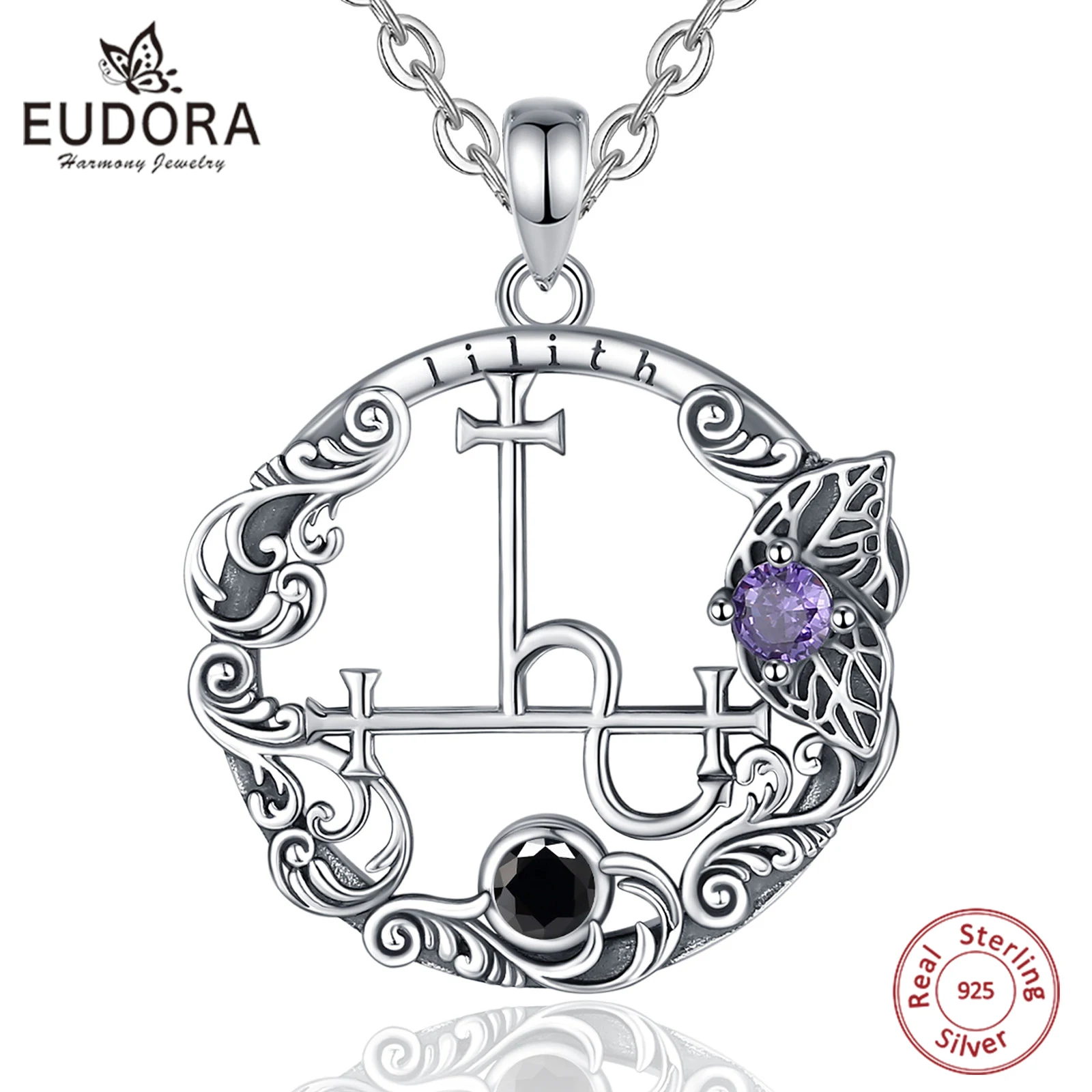 

Eudora 925 Sterling Silver Lilith Sigil Necklace for Women Man Vintage Demon Lilith Moon Seal Butterfly Pendant Personality Gift