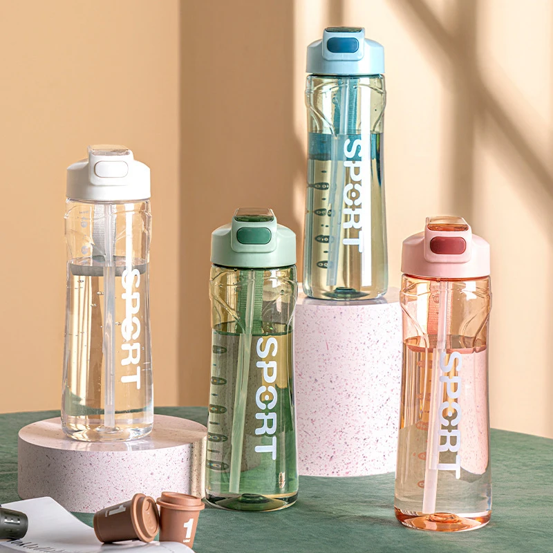 Water Bottle 700 Ml Large Capacity Plastic Transparent Water Bottle With Straw Drinking Portable Sport Cup Kid School Outdoor Sport Camping