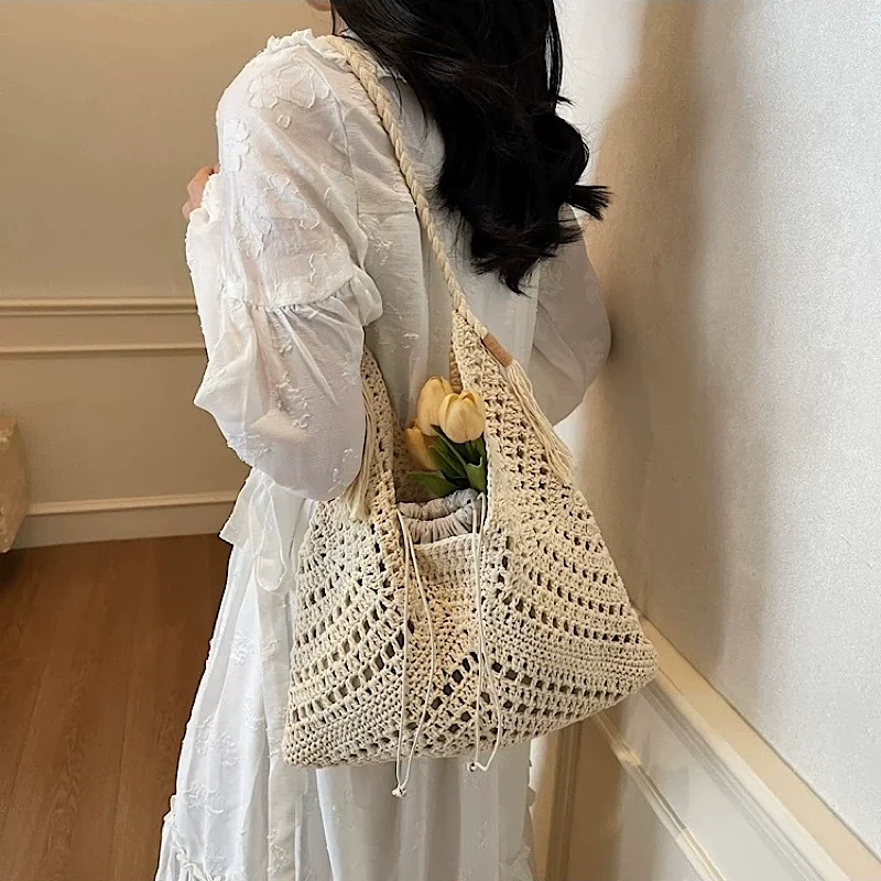 Lässige Stricktasche für Damen, Sommermode, Korbgeflecht, durchbrochenes Design, großes Fassungsvermögen, Umhängetasche für den täglichen Gebrauch_voghion.com