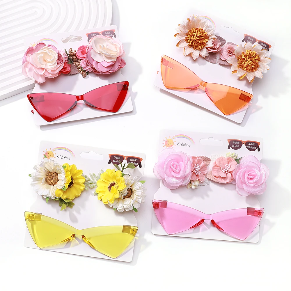 3Pcs/Set Artificial Flower Hairpins Sunglasses Set for Kids Girls Vintage Geometry Protective Glasses Headwear Hair Accessories 3pcs set for kidsartificial flower hairpins sunglasses set girls vintage geometry protective glasses headwear hair accessories
