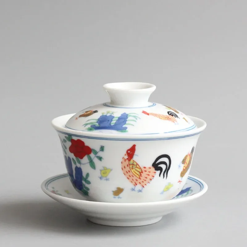 Jingdezhen-Chinese Teaset Archaistic Rooster GaiWan Ceramic Lid Bowl Coffee Cup and Saucer Set Tableware Teaware Teacups