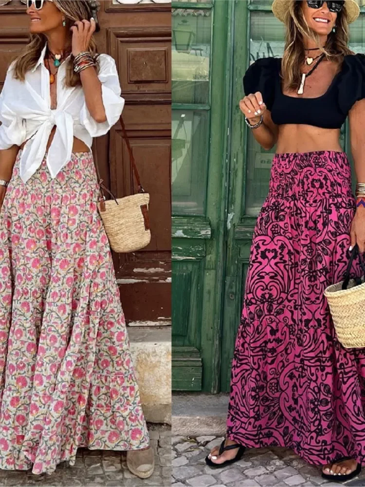 2024 Summer Skirt Women New Fashions Casual Beach Long Party Loose Printed Ladies Vacation Elegant Bohemian A Line Skirts