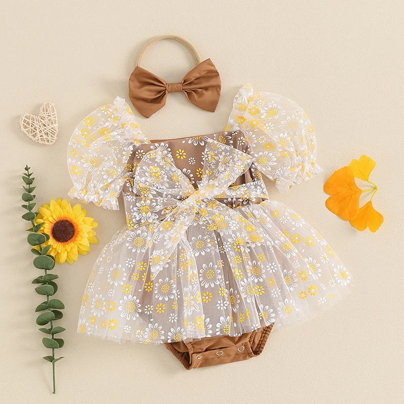 

Suefunskry Baby Girl 2Pcs Summer Outfits Short Puff Sleeve Floral Print Romper Tulle Dress with Bow Headband Set