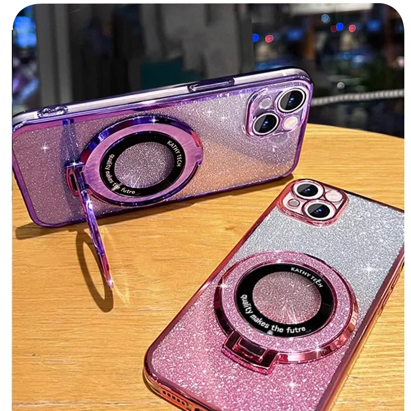 Glitter Plating Phone Case with Crystal Bracelet and MagSafe Holder