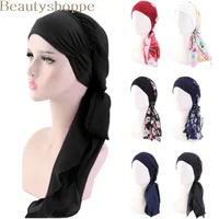 Womens Muslim Hijab Cancer Chemo Flower Print Hat Turban Cap Cover Hair Loss Head Scarf Wrap Pre-Tied Headwear Strech Bandana 1