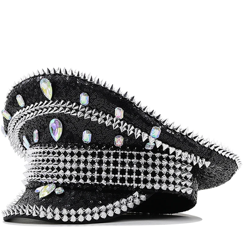 Women men steampunk Military Hat Sergeant Captain Hat Luxury Rhinestone Festival Birthday Part Hen Do Can Customize
