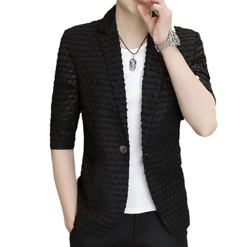 Summer Men Blazers 3/4 Sleeve Casual Suit Jacket Thin Breathable Slim Fit Business Social Hairstylist