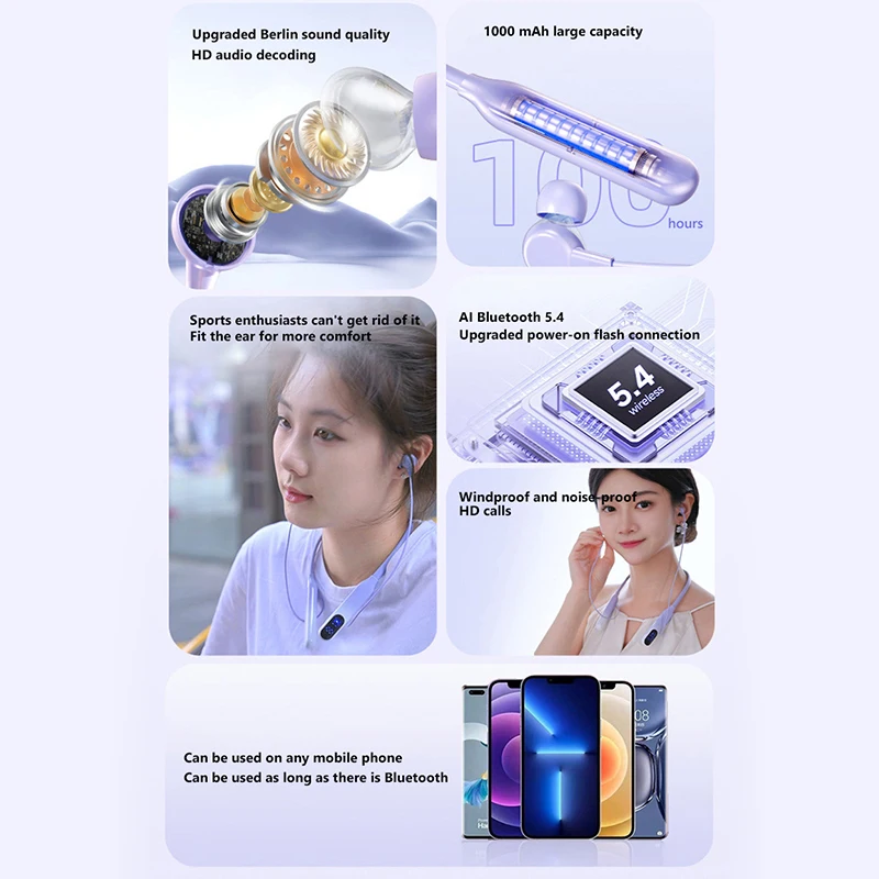 Wireless Earphones Bluetooth 5.4 Neckband Headphones Gaming LED Display HIFI Headset Sports Earbuds High Quality Soundtrack New 3