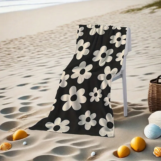 Black Background Small White Flower Printed Beach Towel Is A Must-Have For Summer And Holiday Bathroom Decoration Beach Black Background Small White Flower Printed Beach Towel Is A Must-Have For Summer And Holiday Bathroom Decoration Beach