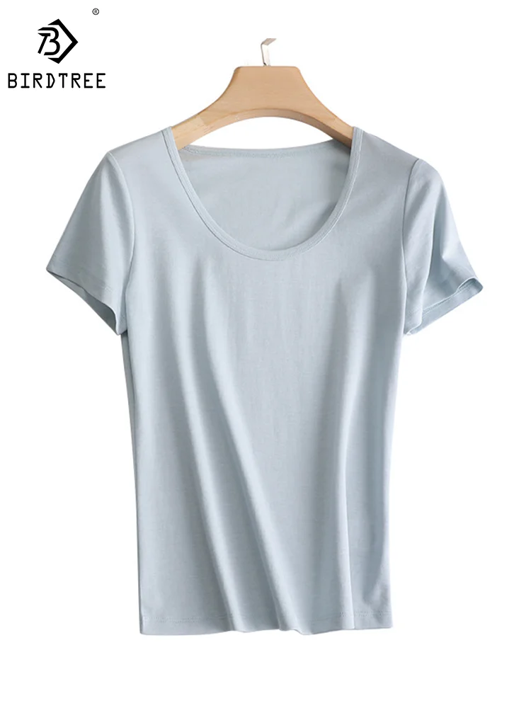 

Birdtree 6A 120s Silk Acetate Blend Woman Summer Tees O-Neck Short Sleeved Solid Cosy Basics T Shirt Candy Colors Tops T38671QM