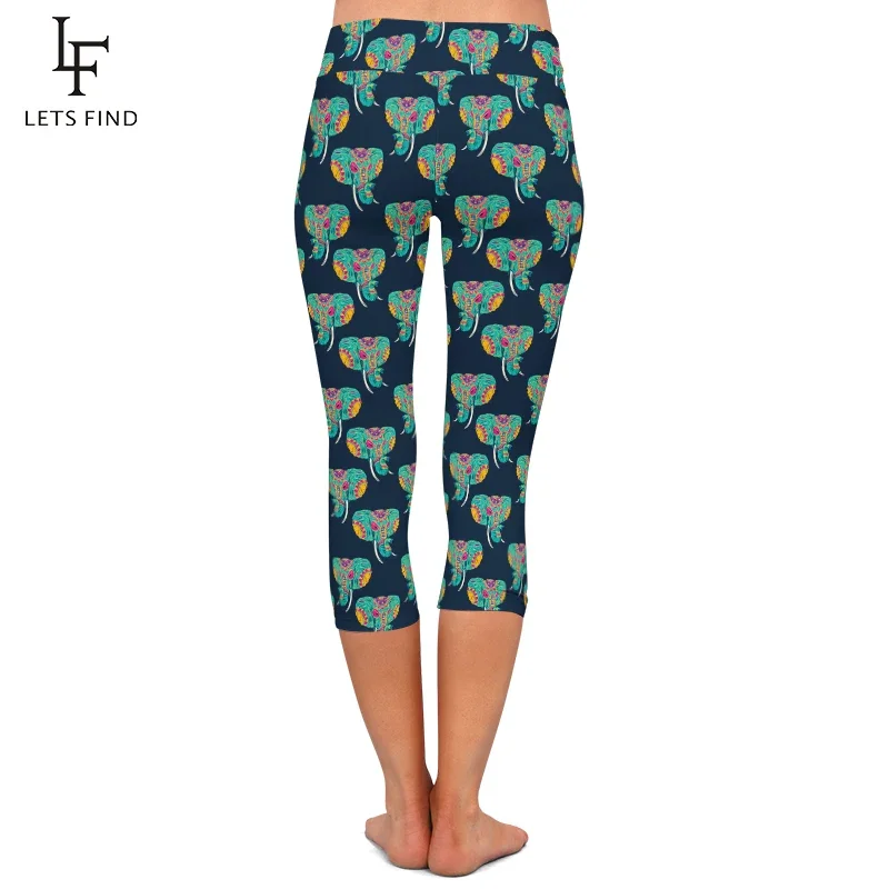 LETSFIND Animals Design Elephants Print Women Capri Leggings Fashion High Waist Casual Mid-Calf Leggings