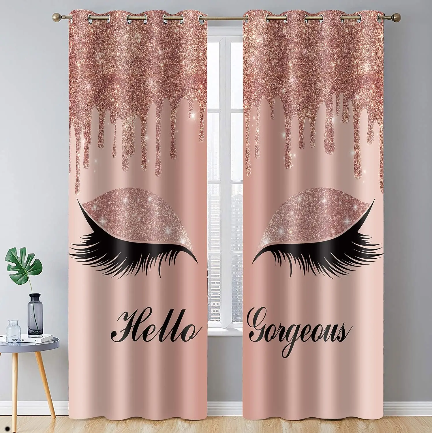 

Rose Gold Drips Hello Gorgeous Unicorn Eyelash Print Bedroom Living Room Curtain Shading Cloth Custom Hook Decorative 2Pcs