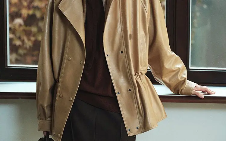 Women's Spring/Autumn Blouse Outerwear Jacket Faux Leather Jacket Double Collar Pleated Fitted Waist Retro Mid-Length Loose Fit
