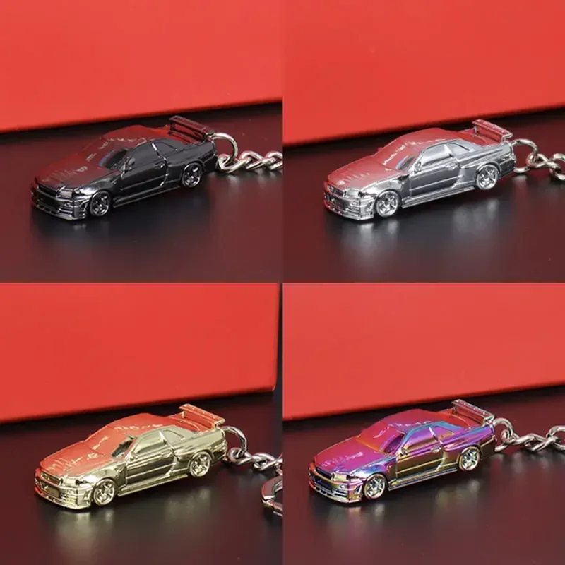 1/64 Nissan GTR-R34 RS7 Electroplating Version Hanging Key Chain Sports Car Key Set Ring Metal Racing V Car Model Children Gift 3