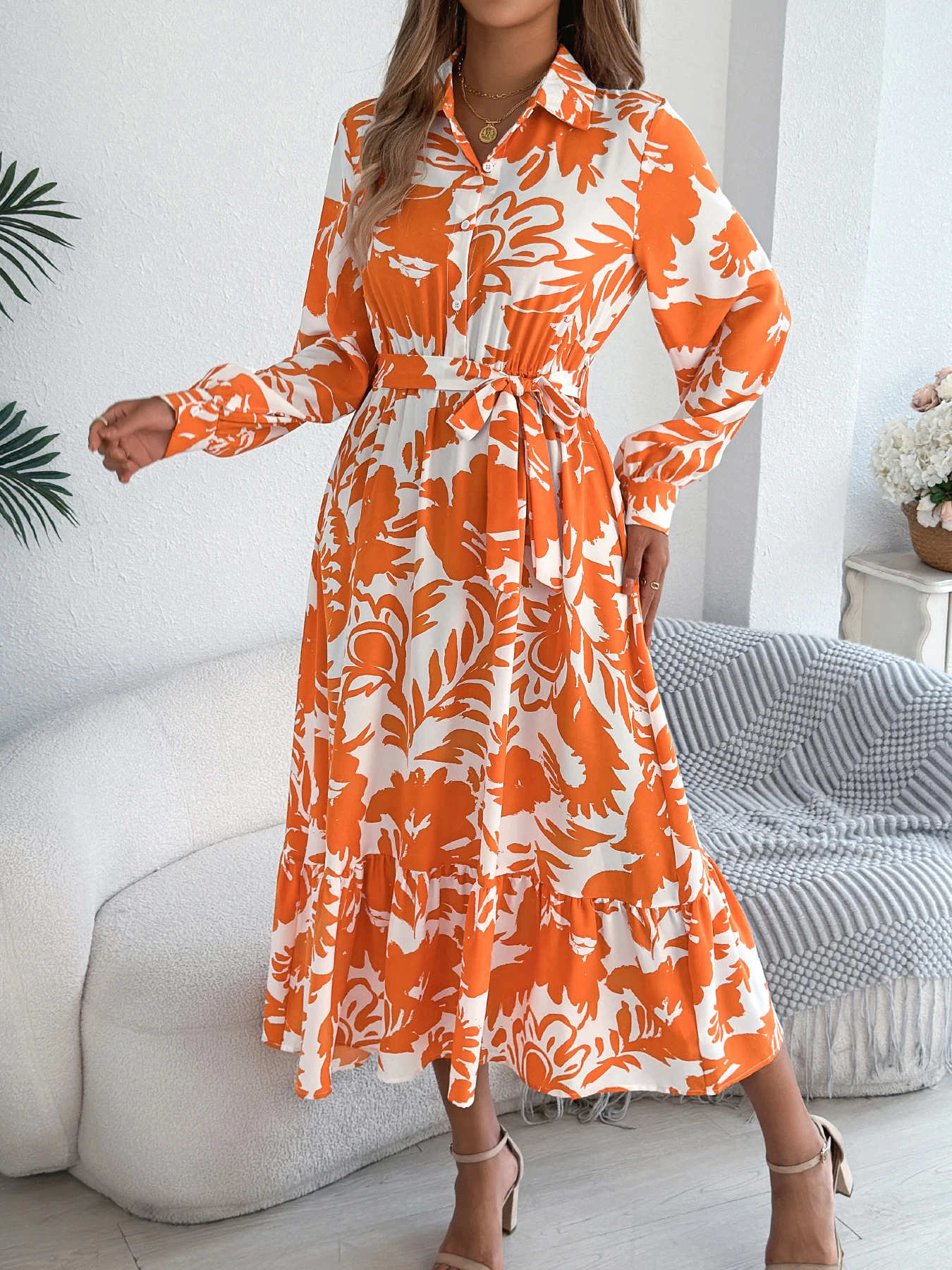 Autumn Floral Lace Up Maxi Dress for Women