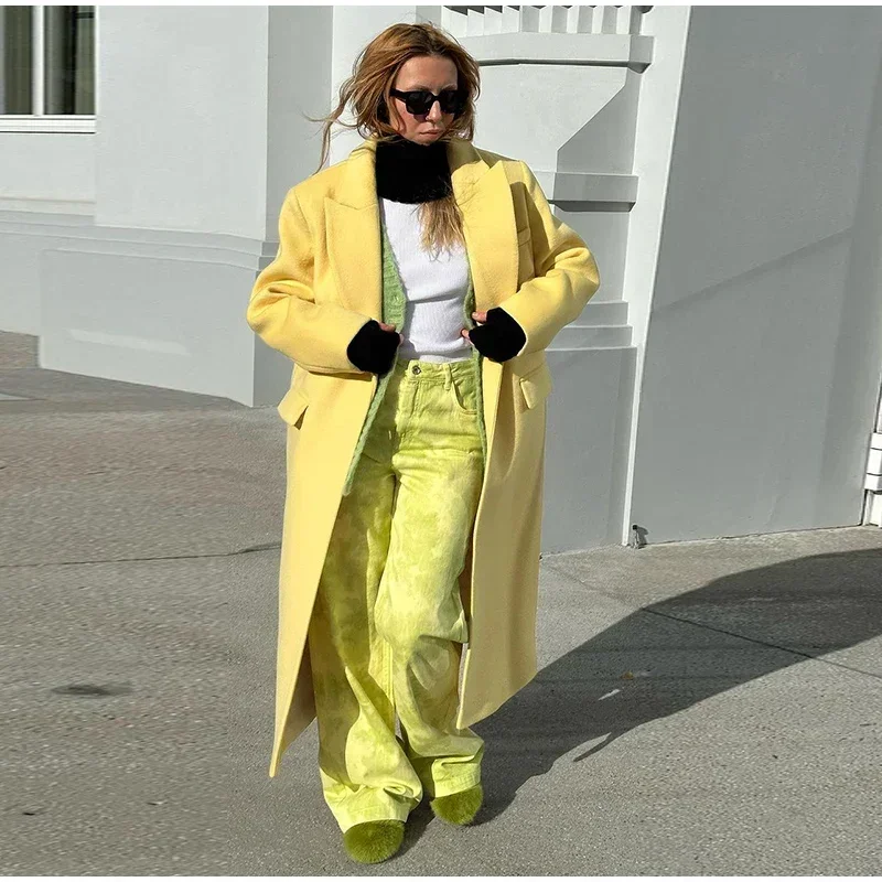 Fashion Woolen Long Coat Women Autumn Full Sleeve Button Fake Pocket Split Yellow Overcoat Elegant Oversize New in Outwear