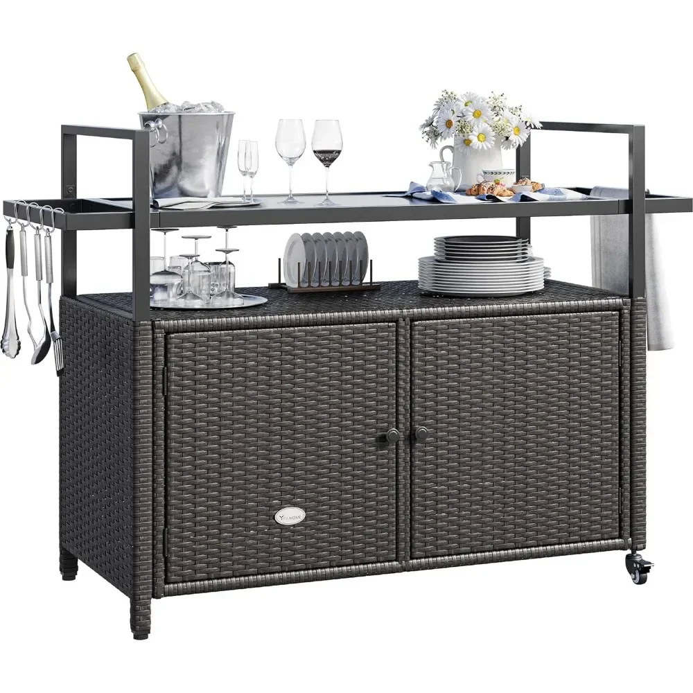 Kitchen Trolley, Wheels and Black Glass Table Top for Patio, Poolside and Backyard , Outdoor Kitchens Rolling Trolleys