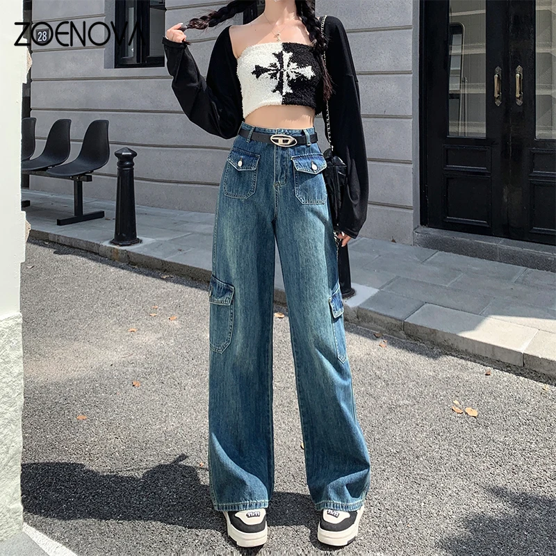 ZOENOVA 하이 퀄리티 용수철 가을 패션 신상 레트로 와이드 레그 팬츠, 캐주얼 Y2K 여성 청바지, 엄마 루즈 카고 스트레이트 팬츠