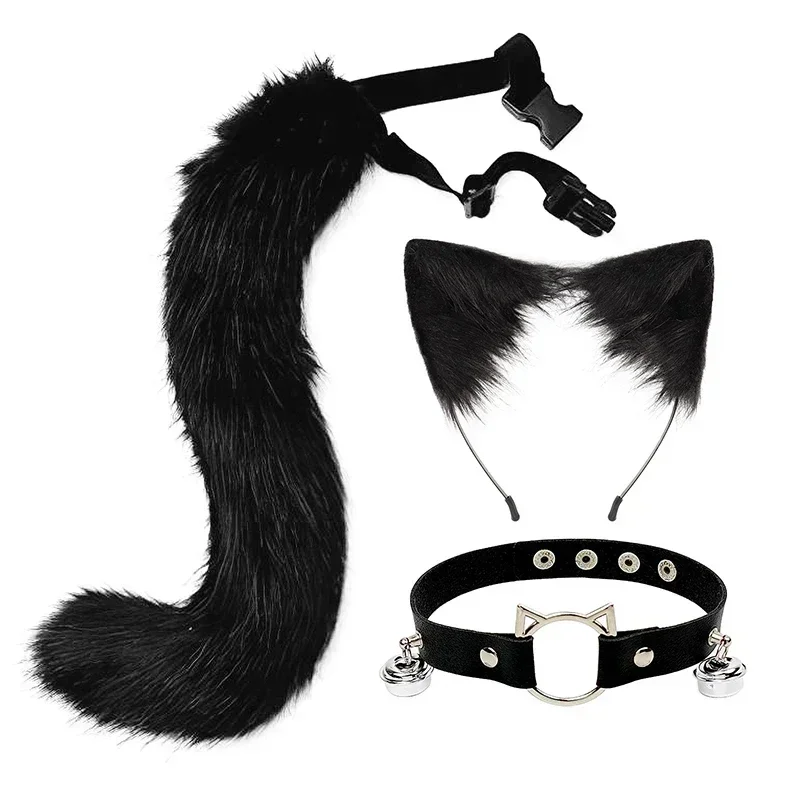 3pcs Halloween Cat Costume Set Fluffy Ears Headband Furry Tail Necklace with Leather Bell Cute Party Dress Up for Women Men