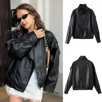 KIDCRKJ Street Women Spring Leather Coat Black Stand Collar Elastic Hem Female Outwear Chic Minimalist Lady Motorcycle Jacket