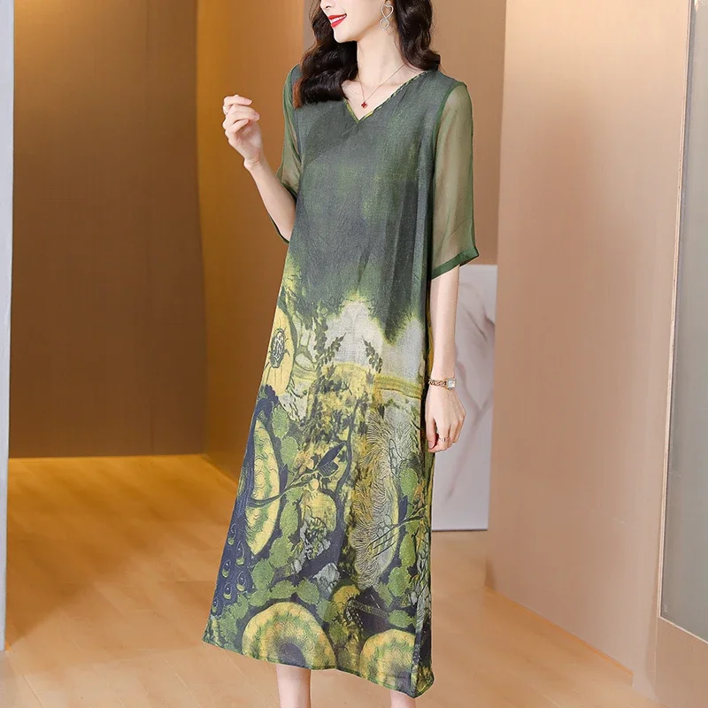 Vtido Midi De Seda Natural Con Tampado Negro Para Mujer, Traje Elegante De Manga Corta Con Cuello En V, Tilo Coreano Vintage Hepburn, 2024 - AliExprs 200000345