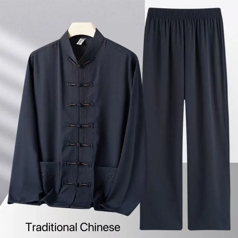 Tang Suit Men's Middle-ages Dad Tai Chi Costume Spring Summer Ice Silk Long Sleeve Shirt Traditional Embroidery Elderly Outfits