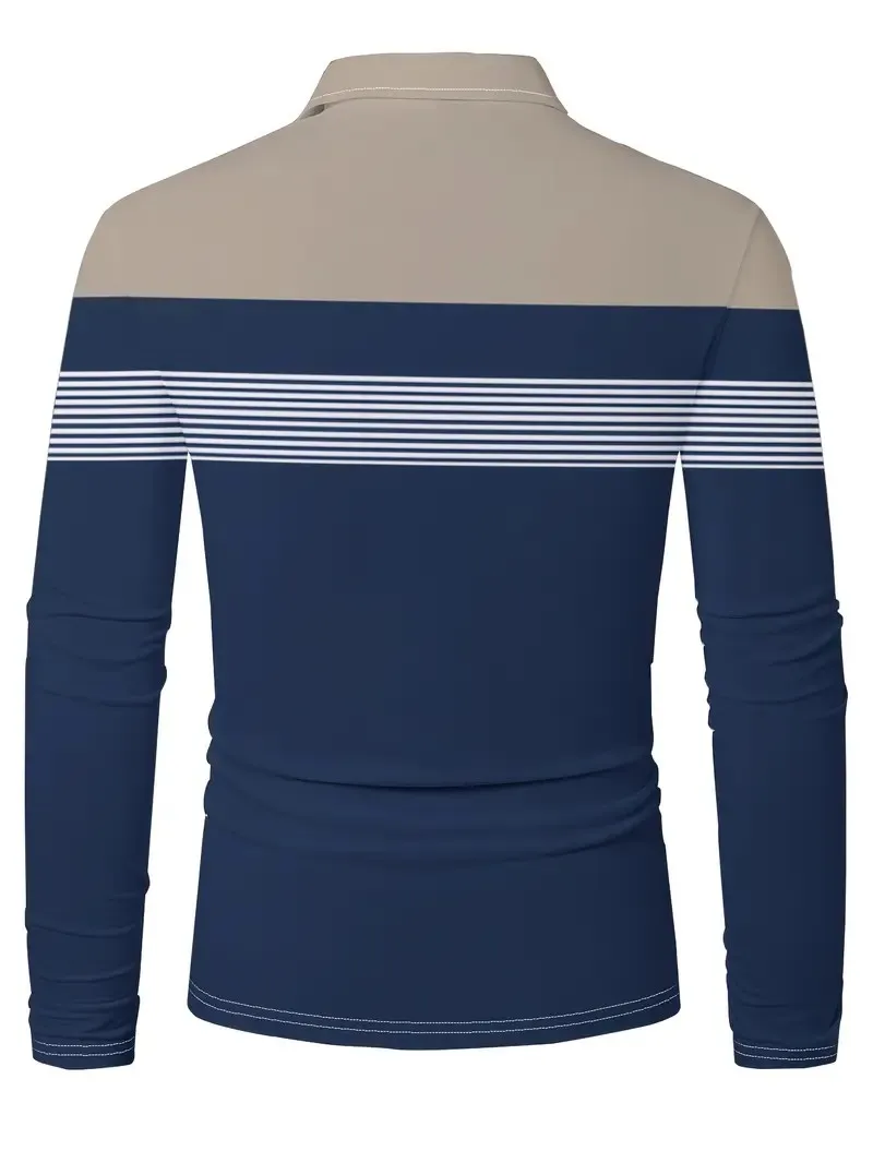 Men’s long sleeve 3D striped breathable casual streetwear polo shirt 002 back