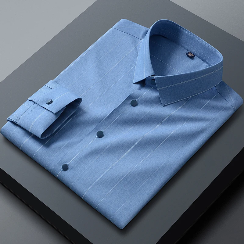 Men\'s woven seamless micro-elastic business slim casual formal fashion classic social comfortable breathable long-sleeved shirt