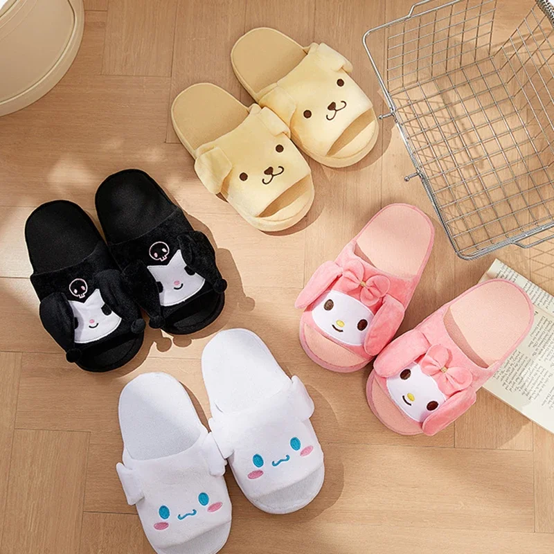 

Sanrio Cinnamoroll Kawaii Anime Slippers Cute Ears Move MyMelody Kuromi Winter Flannel Warm Interesting Comfort Home Girl Gift