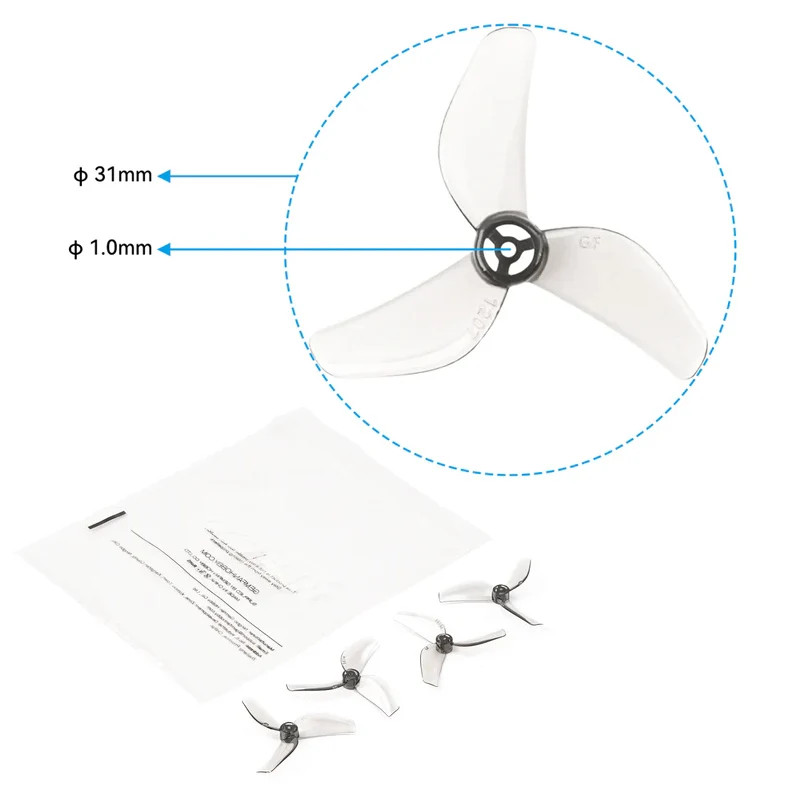Hélice Gemfan 1207 31mm 3 pales pour micro drone course, gros plan sur le moyeu et les pales