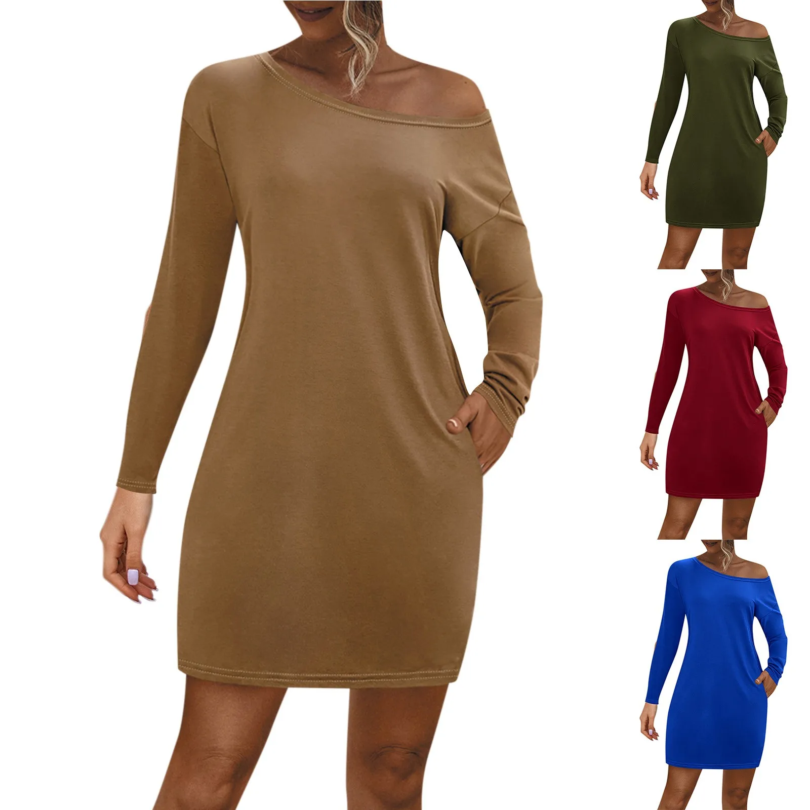 

Повседневное свободное и минималистичное платье с длинными рукавами и открытыми плечами и карманами, летние платья, модное платье 2024, женское платье, женское платье