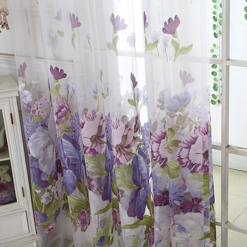 Sheer Window Curtains Peony Flower Printed Polyester Tulle 1Pc