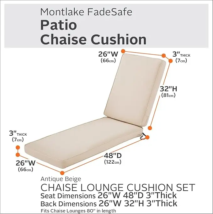 Montlake FadeSafe Water-Resistant 80 x 26 x 3 Inch Patio Chaise Lounge Cushion, Antique Beige, Patio Cushion 2