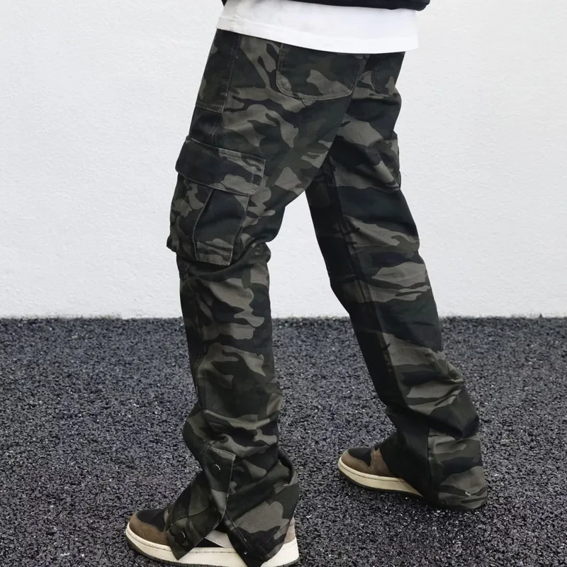 Streetwear Men Cargo Pants Hip-hop Distressed Camouflage Splash Flared Pants Men Women Pockets Drawstring Baggy Trousers