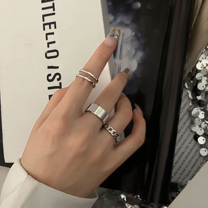 Silver Geometric Hollow Wide Ring Set - Vintage Punk Style Women's Finger Jewelry