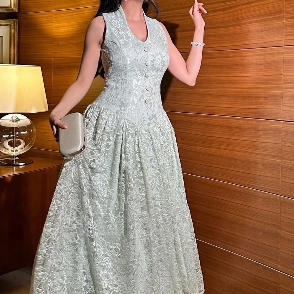 Customized Elegant Vintage Sweet Green Lace Button A-Line Summer Formal Occasion Prom Dress Classic Retro Evening Party Gown