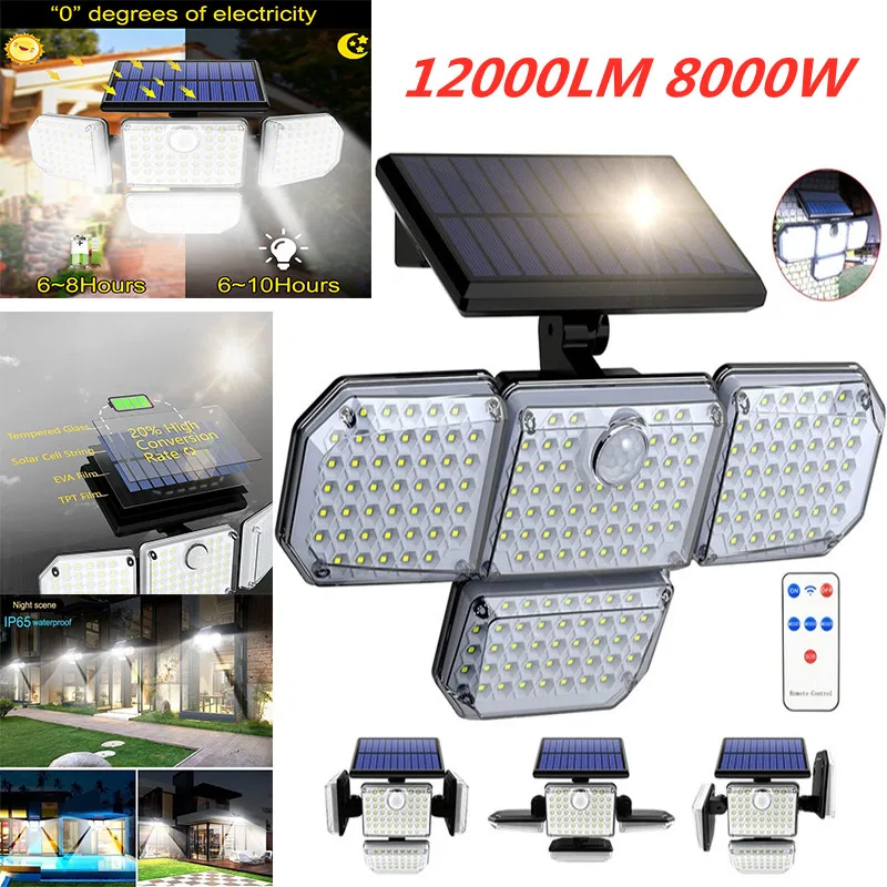 8000W 182LED Solar Lights Outdoor Waterproof Wall Lamp with Adjustable 4 Heads Security Flood Light  for Garden Patio Yard Path